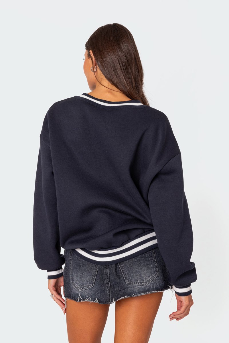 Edikted Caryn Oversized V Neck Sweatshirt Long Sleeve Tops Navy | USA KH883758R4