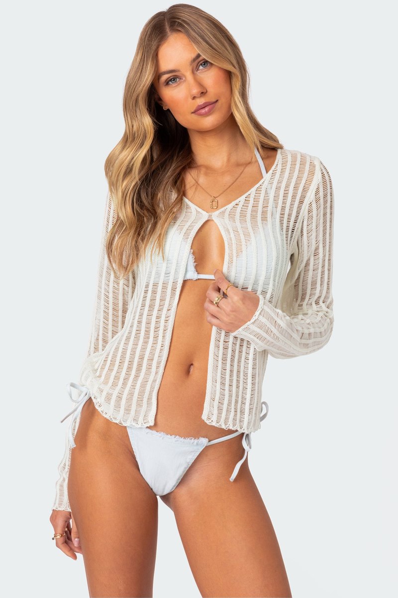 Edikted Cayla Sheer Knit Cardigan Cream | USA LR334453X4