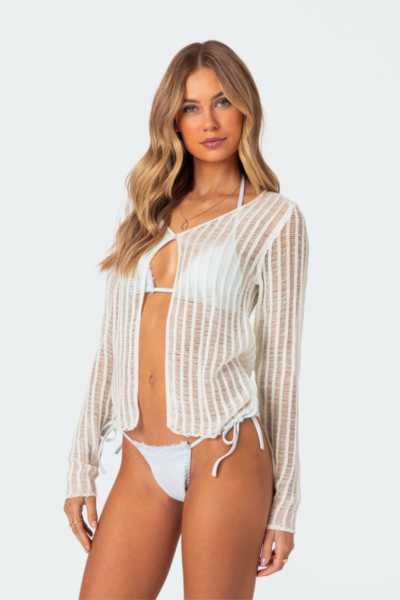 Edikted Cayla Sheer Knit Cardigan Long Sleeve Tops Cream | USA EB872777Y7