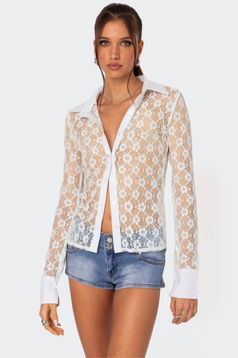 Edikted Cecilia Sheer Lace Button Up Shirt Long Sleeve Tops White | USA EJ281688H4