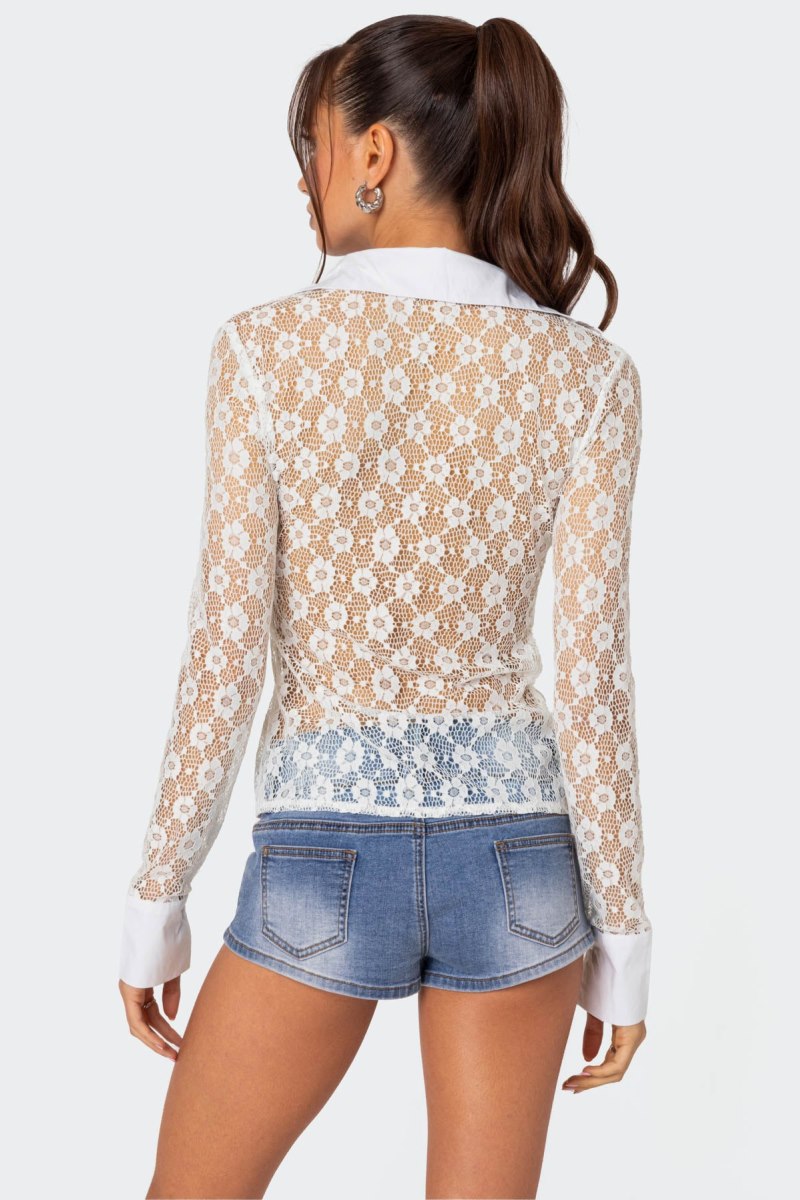Edikted Cecilia Sheer Lace Button Up Shirt Long Sleeve Tops White | USA EJ281688H4