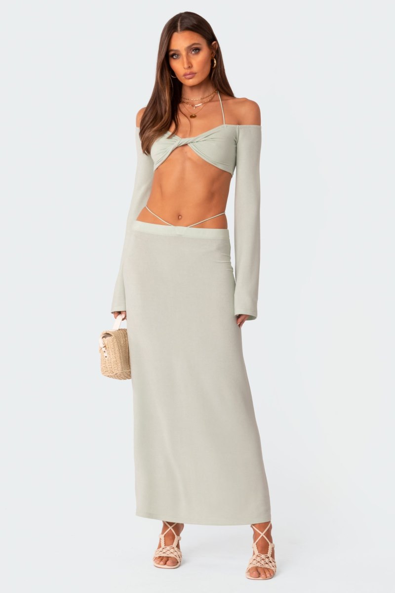 Edikted Celeste Off Shoulder Twist Crop Tops Cream | USA PU113501L7