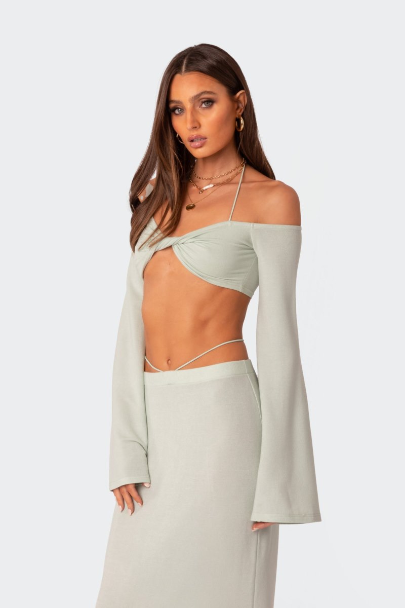 Edikted Celeste Off Shoulder Twist Crop Tops Cream | USA PU113501L7