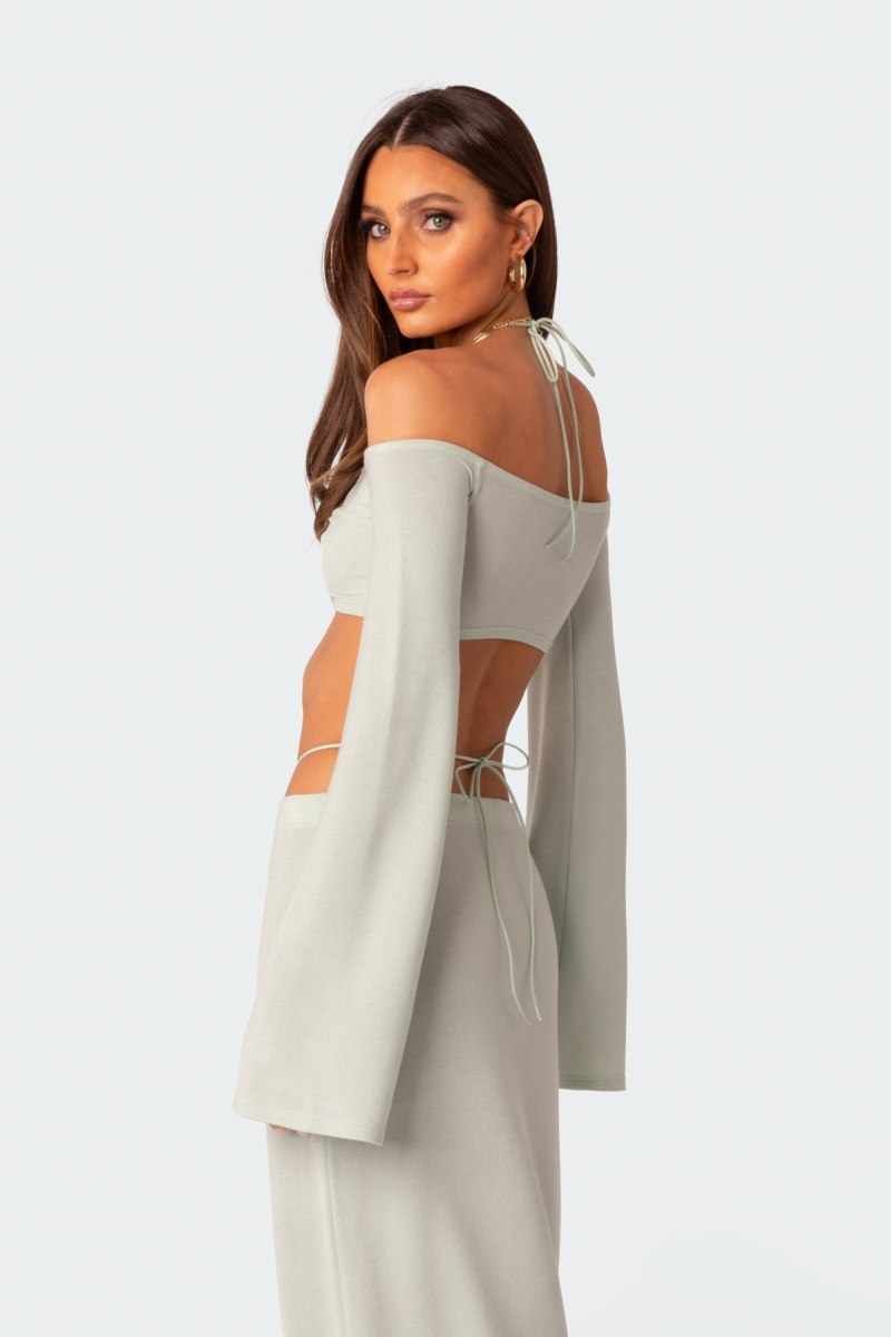 Edikted Celeste Off Shoulder Twist Crop Tops Cream | USA PU113501L7