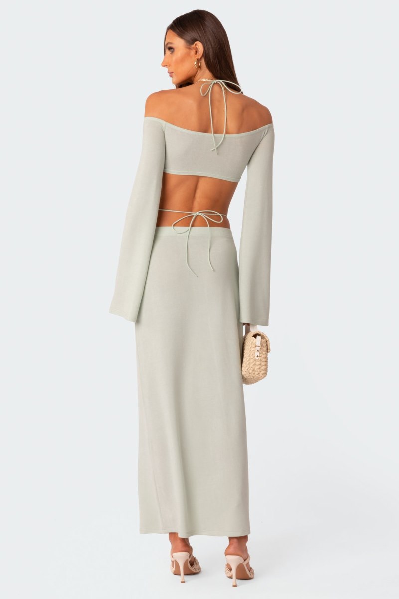 Edikted Celeste Off Shoulder Twist Crop Tops Cream | USA PU113501L7