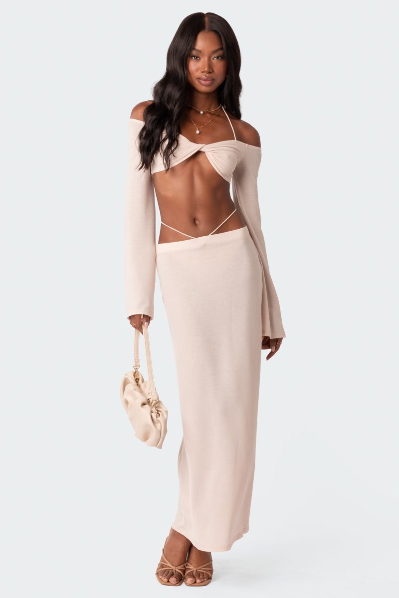 Edikted Celeste Off Shoulder Twist Crop Tops Cream | USA XM260736E4