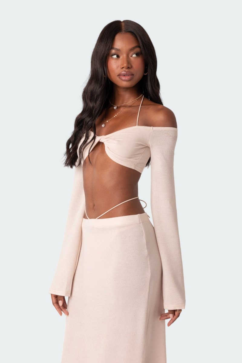 Edikted Celeste Off Shoulder Twist Crop Tops Cream | USA XM260736E4