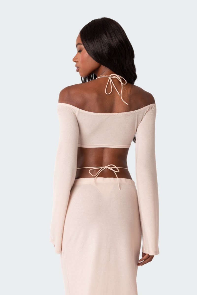 Edikted Celeste Off Shoulder Twist Crop Tops Cream | USA XM260736E4