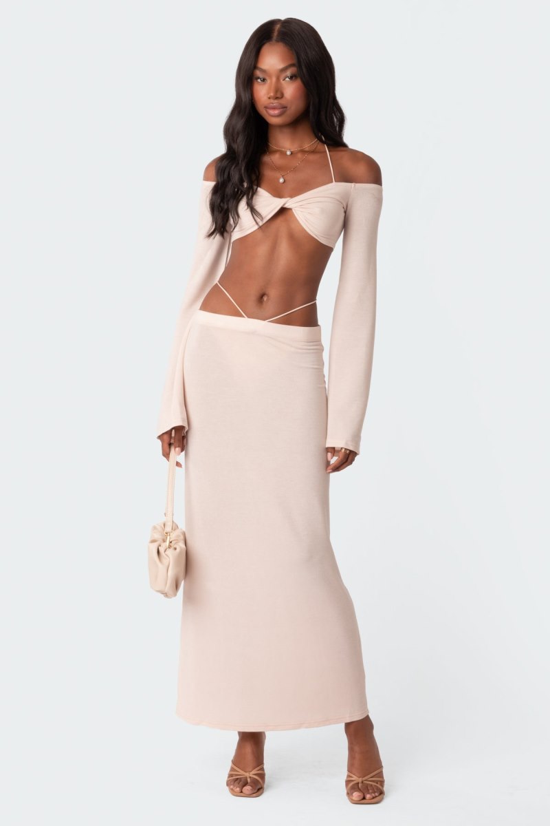 Edikted Celeste Off Shoulder Twist Crop Tops Cream | USA XM260736E4