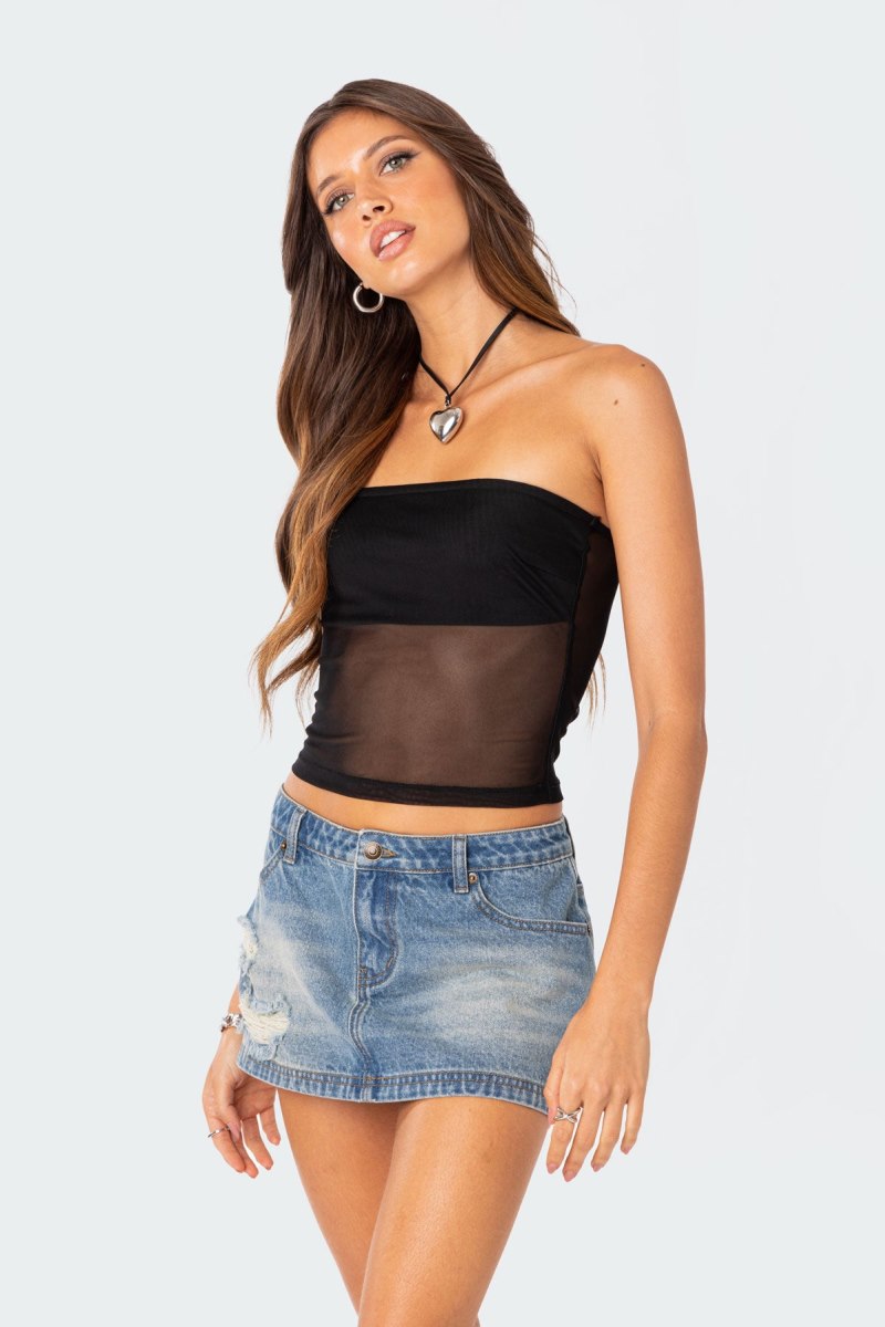 Edikted Celestia Sheer Mesh Tube Strapless Tops Black | USA KA907940M5