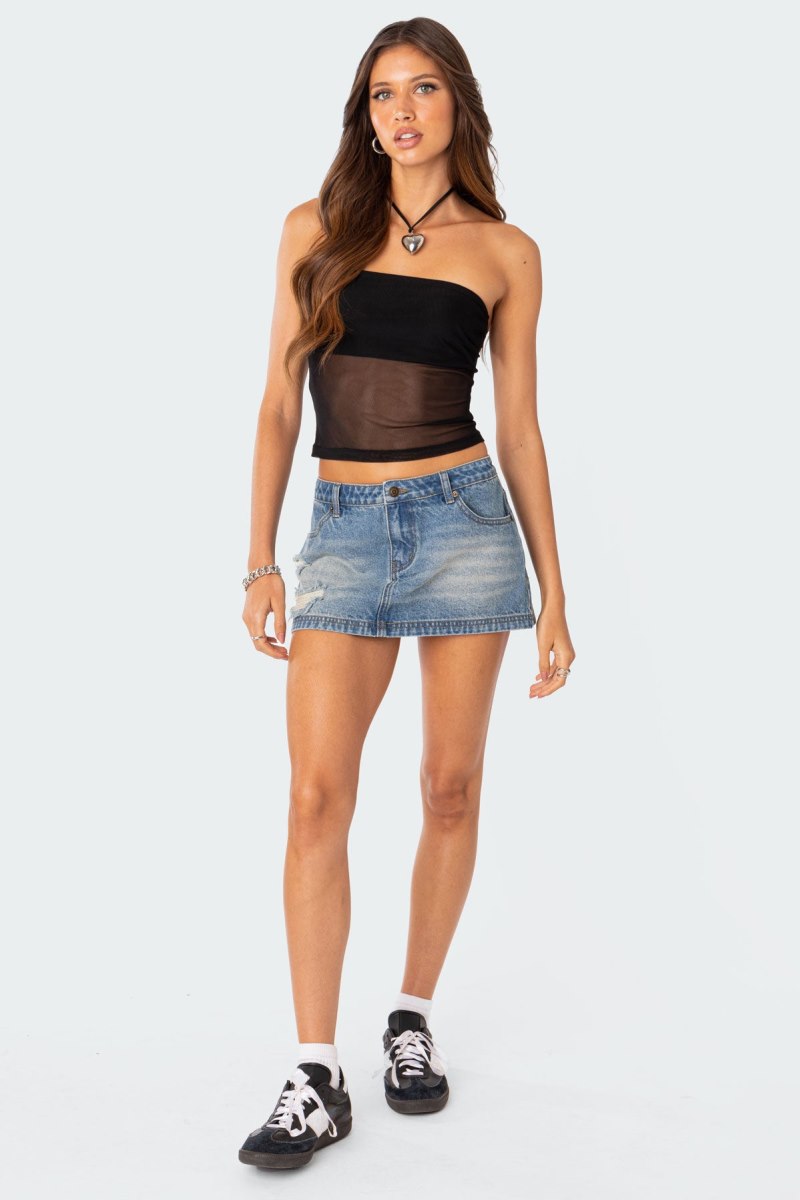 Edikted Celestia Sheer Mesh Tube Strapless Tops Black | USA KA907940M5