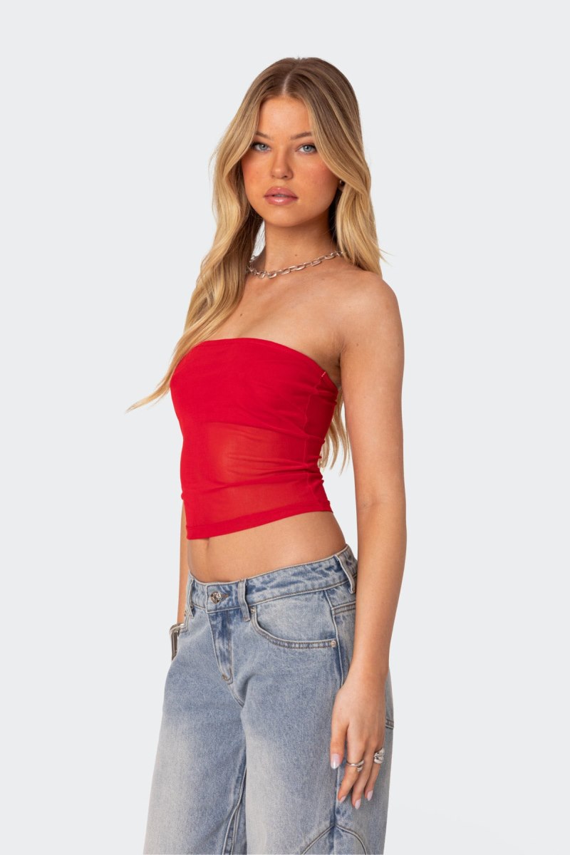 Edikted Celestia Sheer Mesh Tube Strapless Tops Black | USA RX728922U4