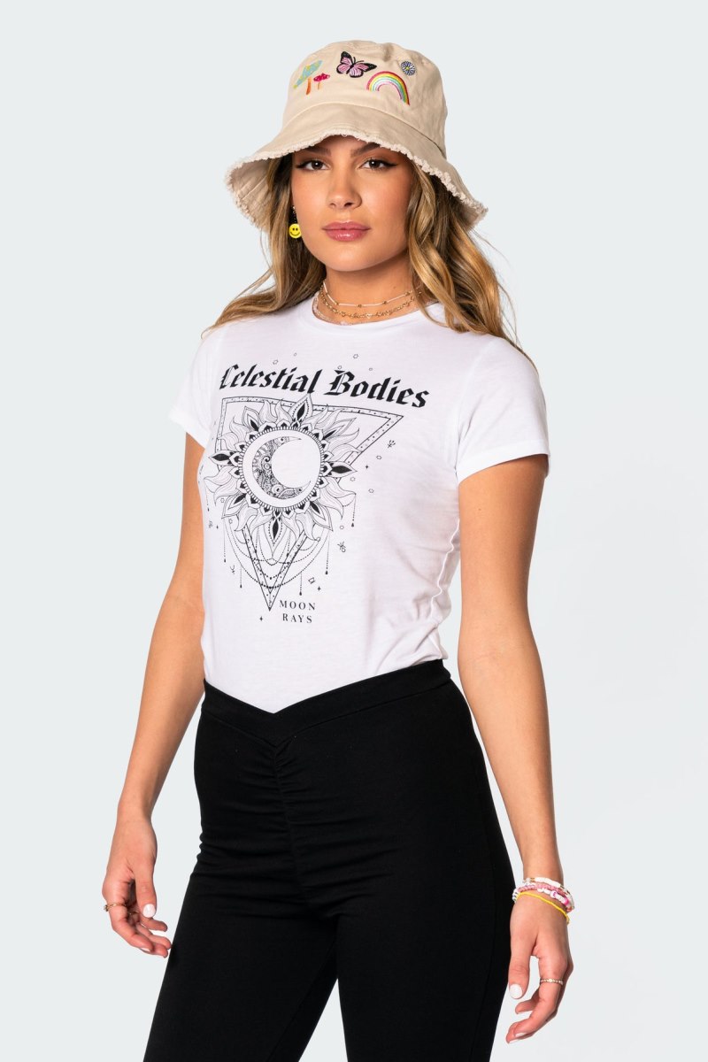 Edikted Celestial Bodies T-Shirt Graphic Tops White | USA EU718781Y2