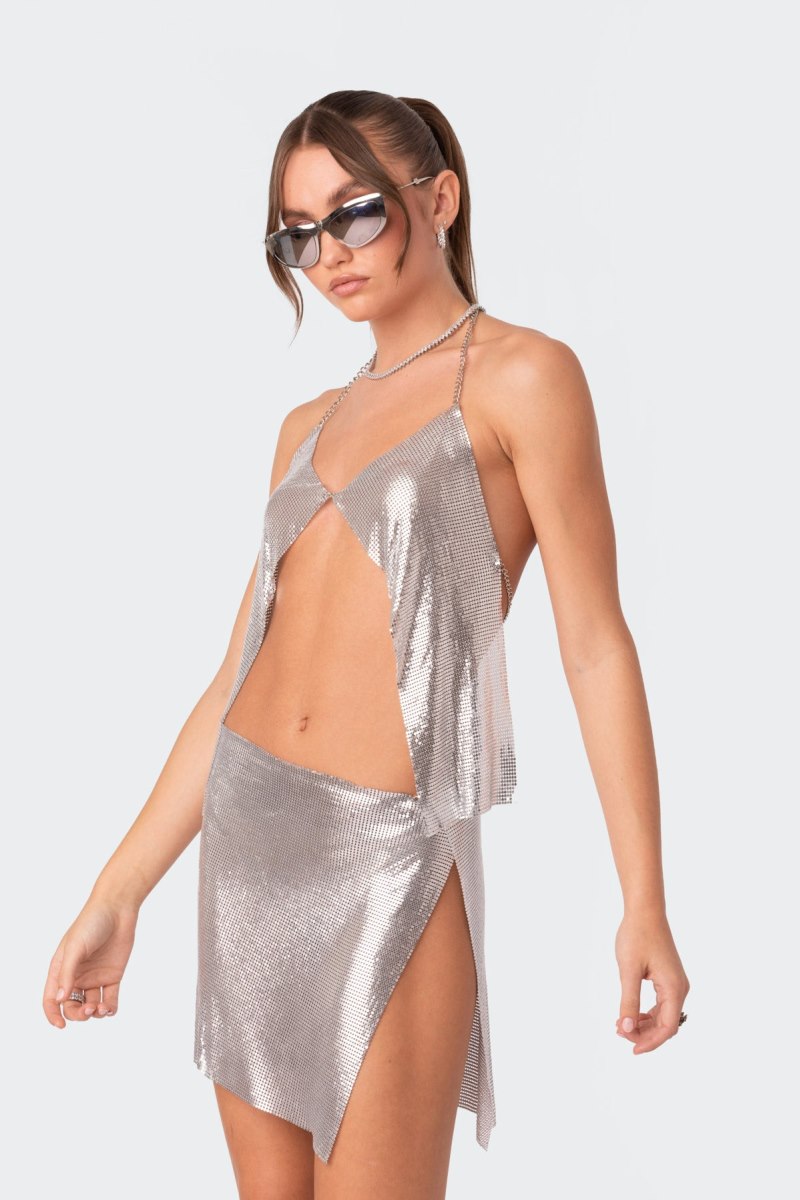 Edikted Celia Chainmail Open Back Bralette Crop Tops Silver | USA ZA403890B8