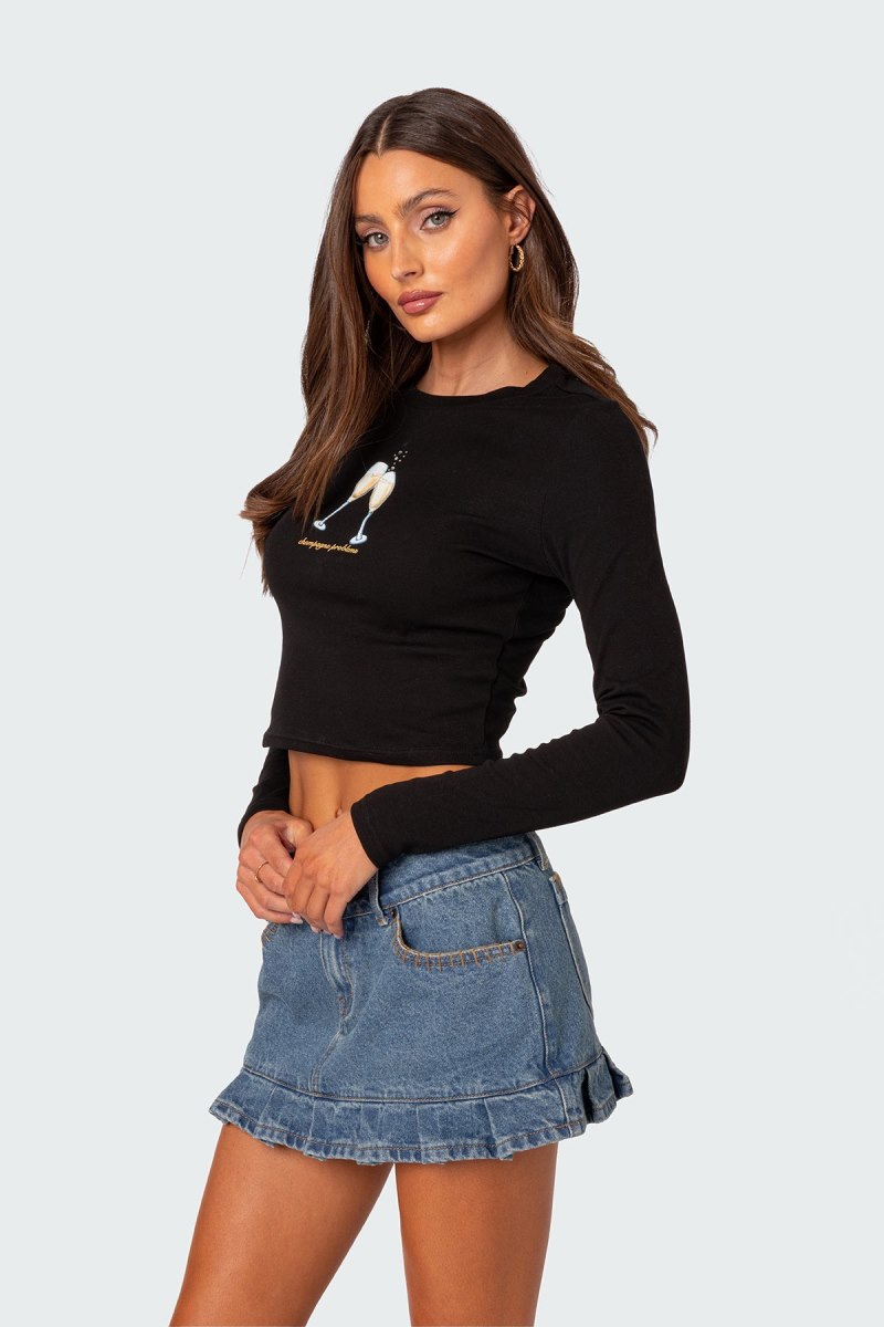 Edikted Champagne Problems Long Sleeve T Shirt Graphic Tops Black | USA NJ194489K9
