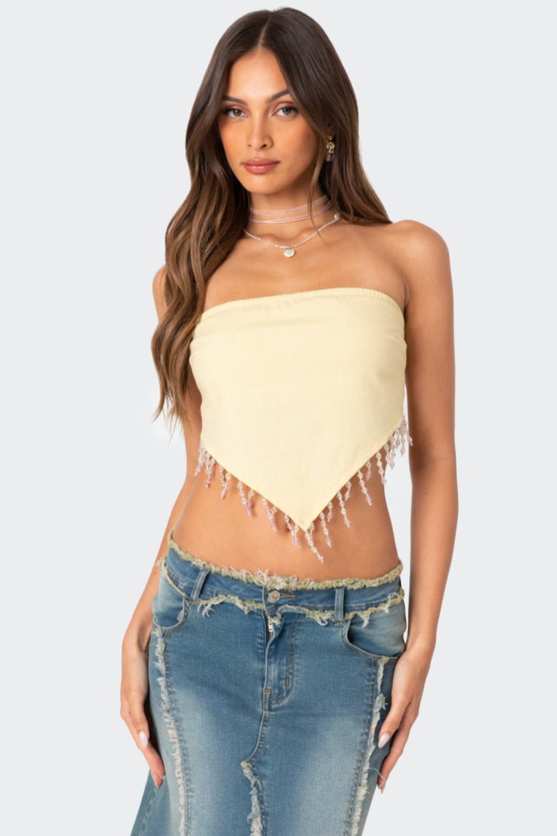 Edikted Chandelier Beaded Triangle Strapless Tops Beige | USA RV555325S0