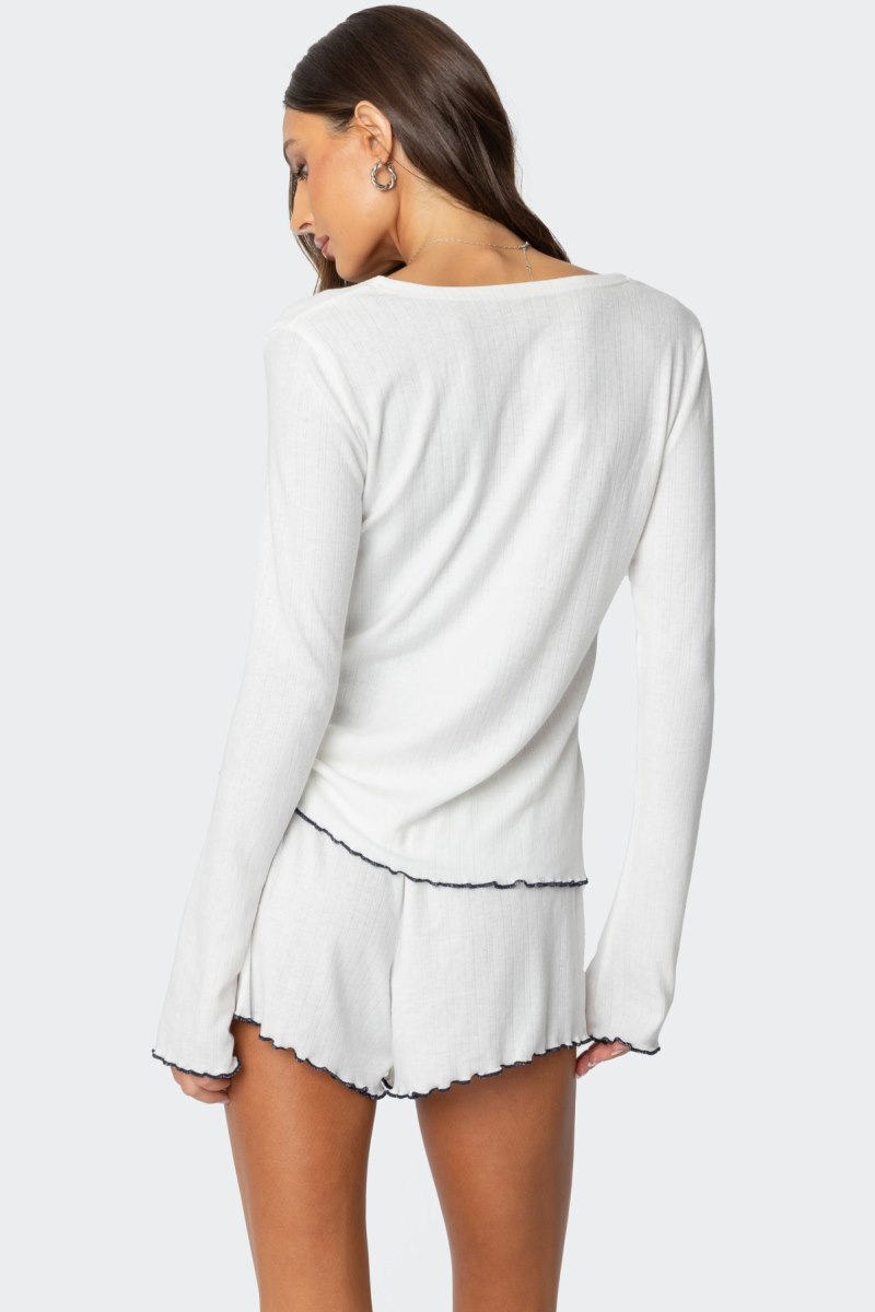 Edikted Chelsey Button Up Pointelle Long Sleeve Tops White | USA JK960816B7