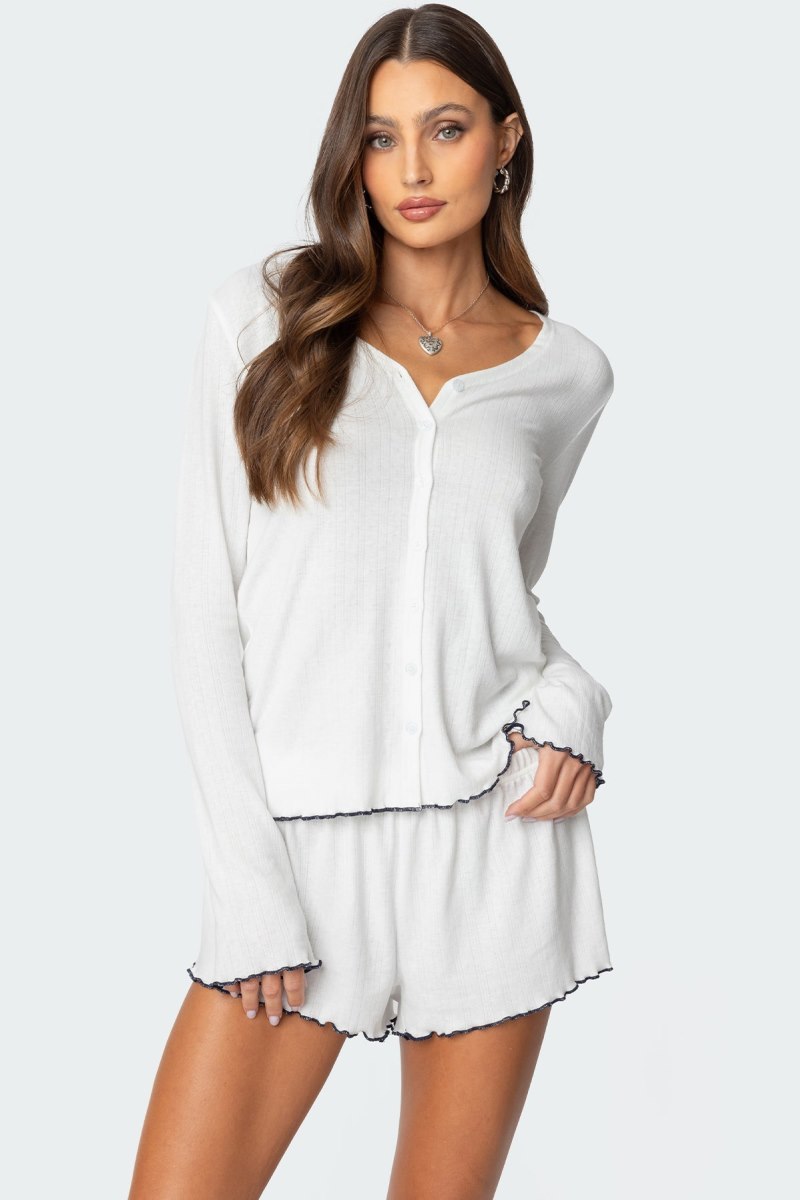 Edikted Chelsey Button Up Pointelle Long Sleeve Tops White | USA JK960816B7