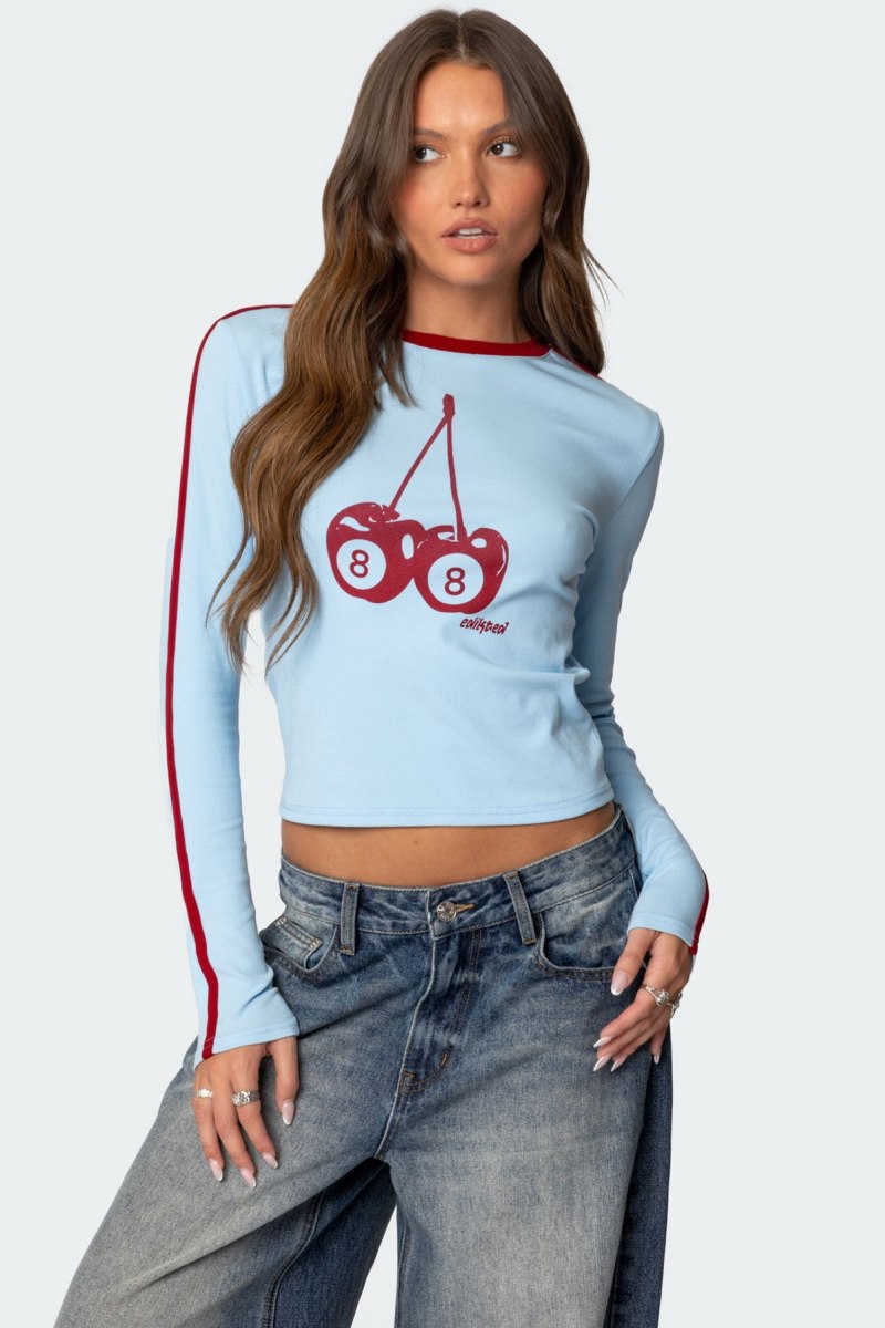 Edikted Cherry 8 Long Sleeve T Shirt Graphic Tops Light Blue | USA JG335843M9