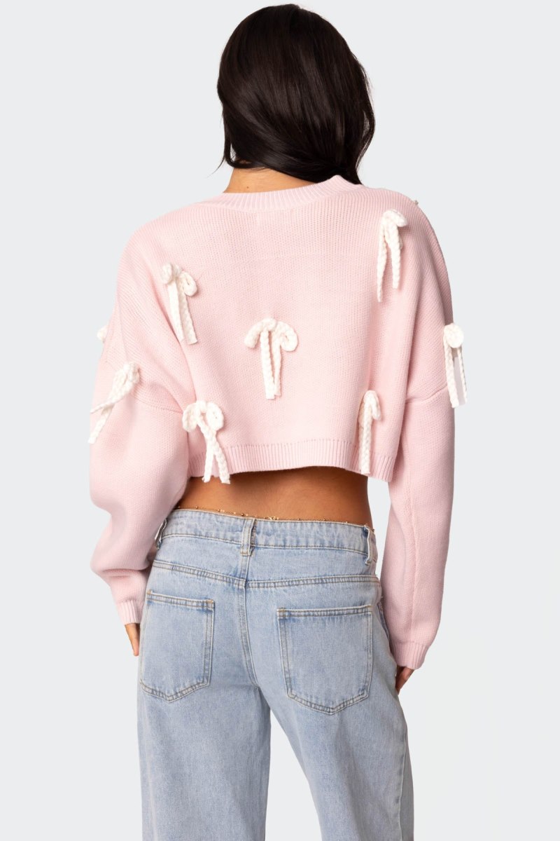 Edikted Chunky Bow Cropped Sweater Crop Tops Pink | USA YQ451835Q1