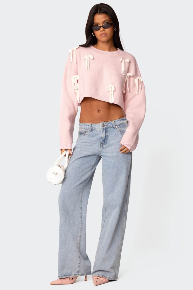 Edikted Chunky Bow Cropped Sweater Pink | USA IS162356A0