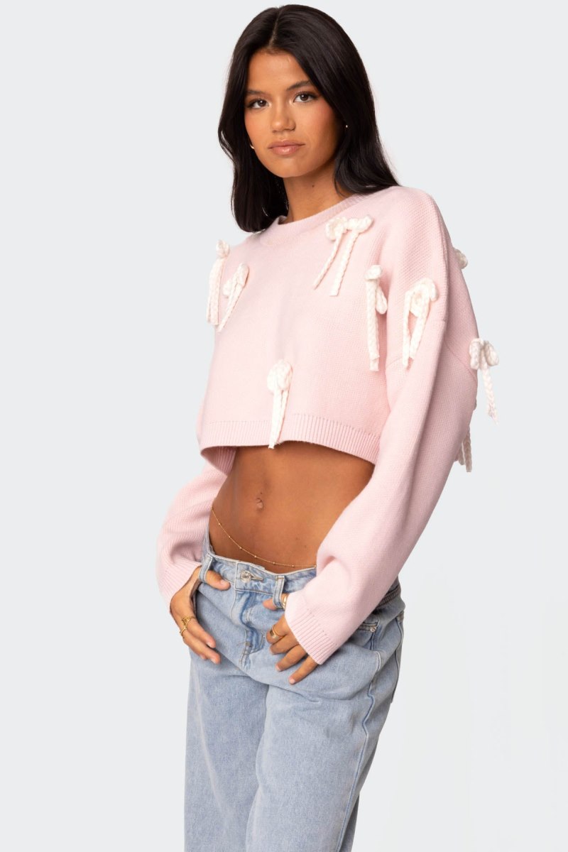 Edikted Chunky Bow Cropped Sweater Pink | USA IS162356A0