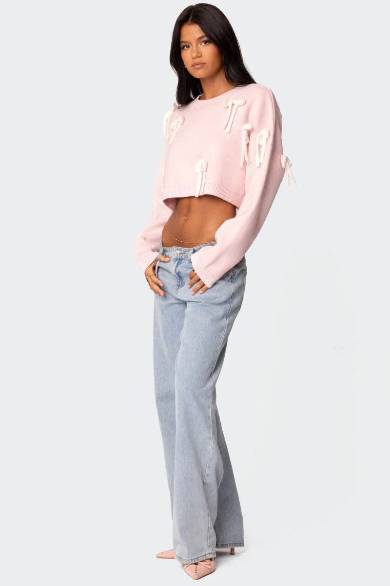 Edikted Chunky Bow Cropped Sweater Pink | USA IS162356A0