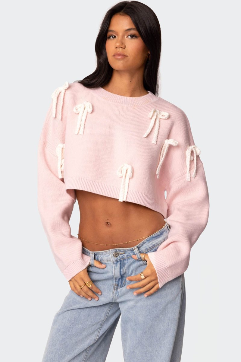 Edikted Chunky Bow Cropped Sweater Pink | USA IS162356A0