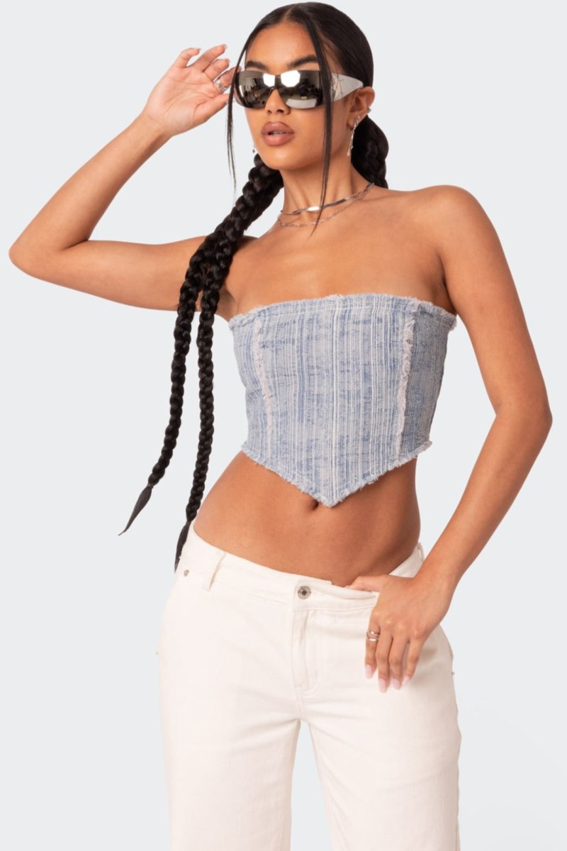 Edikted Cici Distressed Denim Corset Light Blue | USA UI314881Y4
