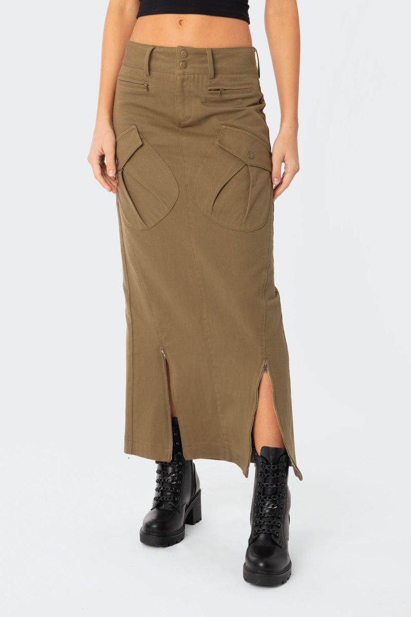 Edikted Cierra Low Rise Cargo Maxi Skirts Olive | USA WM149964R5