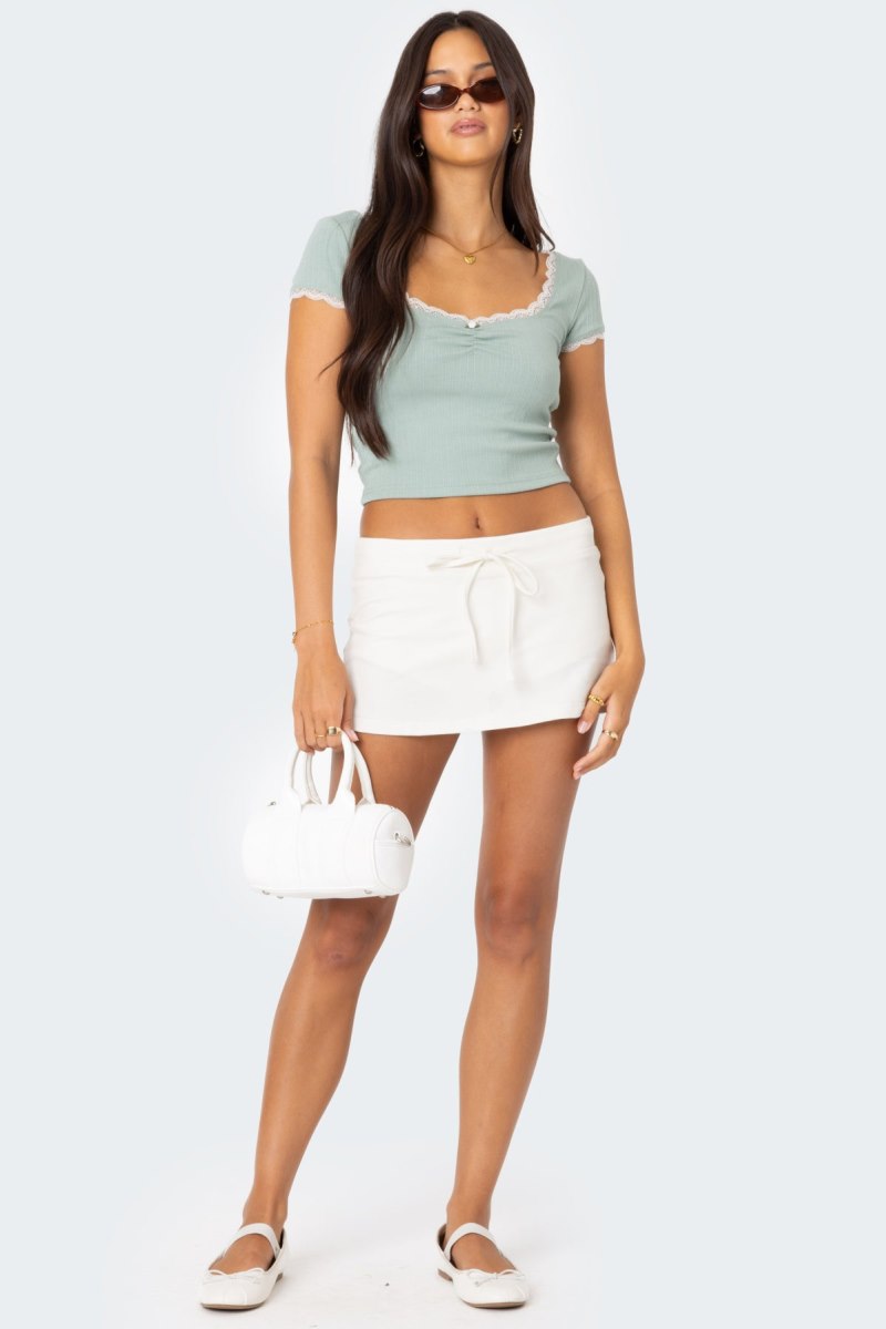 Edikted Cinched Lace Trim Crop Tops Sage | USA UI329322X7