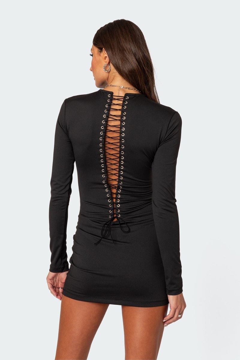 Edikted Cindy Lace Up Mini Long Sleeve Dress Black | USA EC683438M9