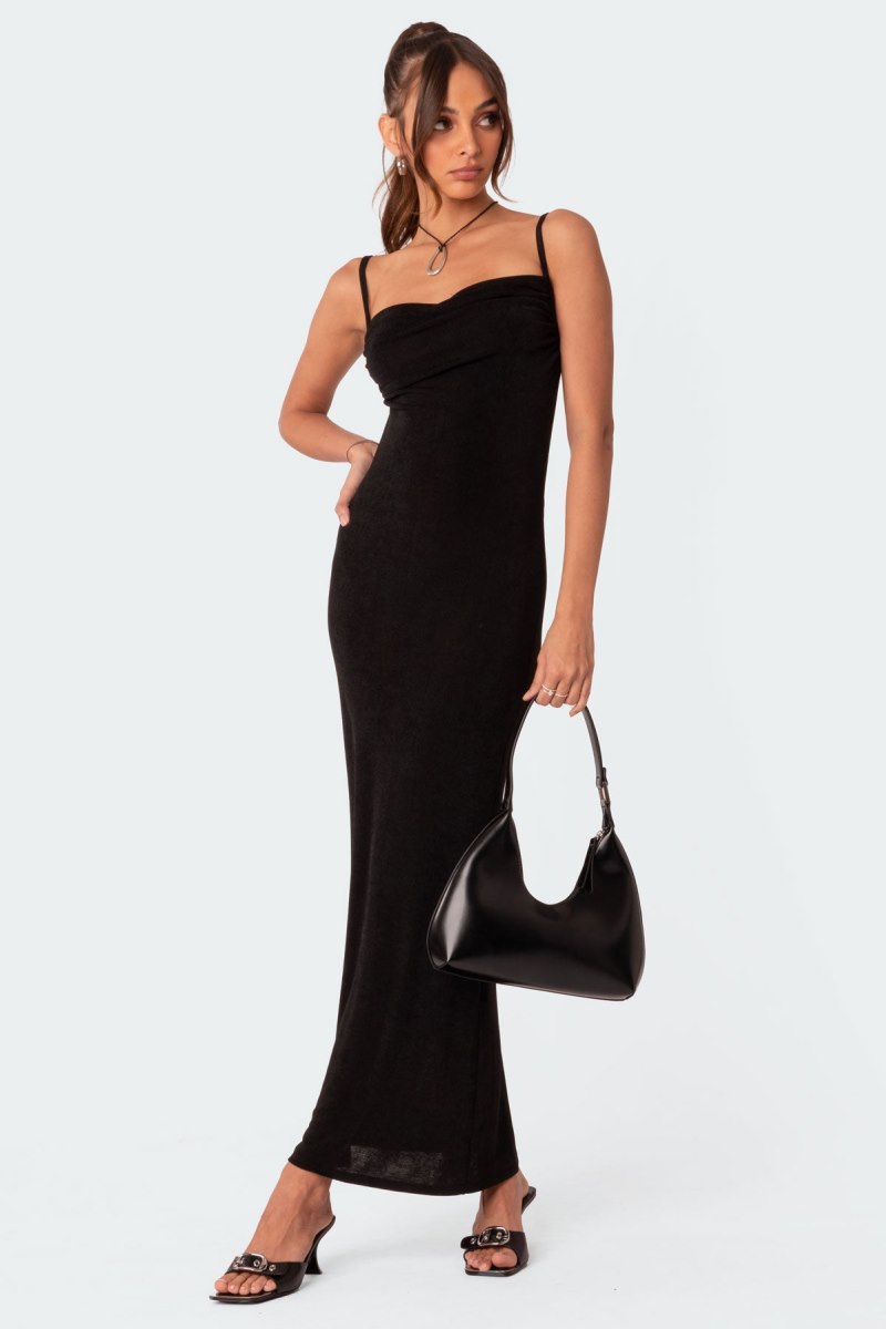 Edikted Clea Open Back Maxi Dress LBD Black | USA NE186698C9