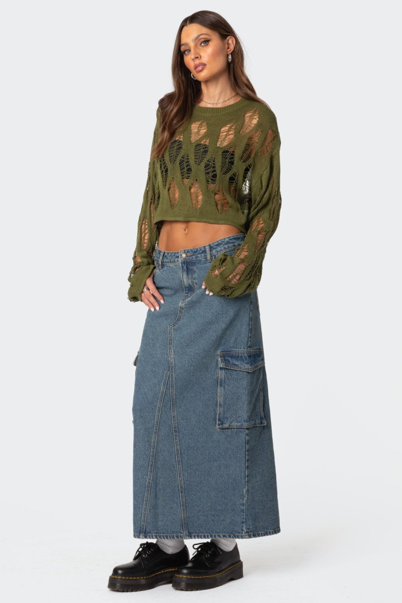 Edikted Clover Distressed Sweater Crop Tops Black | USA BI436713A5