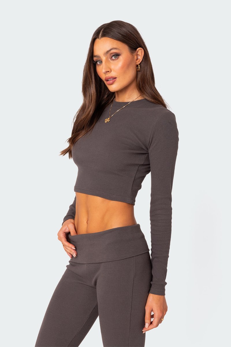 Edikted Coffee Break Ribbed Crop Tops Dark Gray | USA FR598179R9