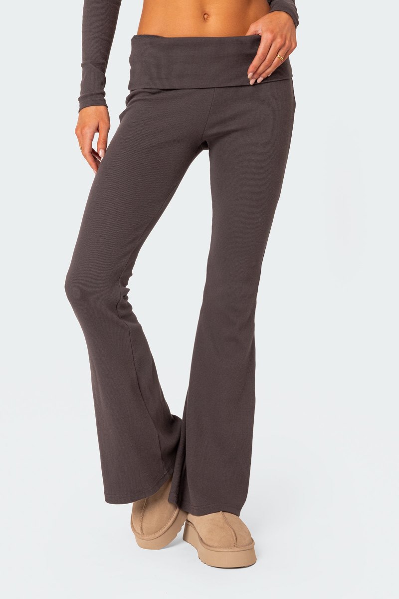 Edikted Coffee Break Ribbed Flare Leggings Pants Dark Gray | USA GQ314201U5