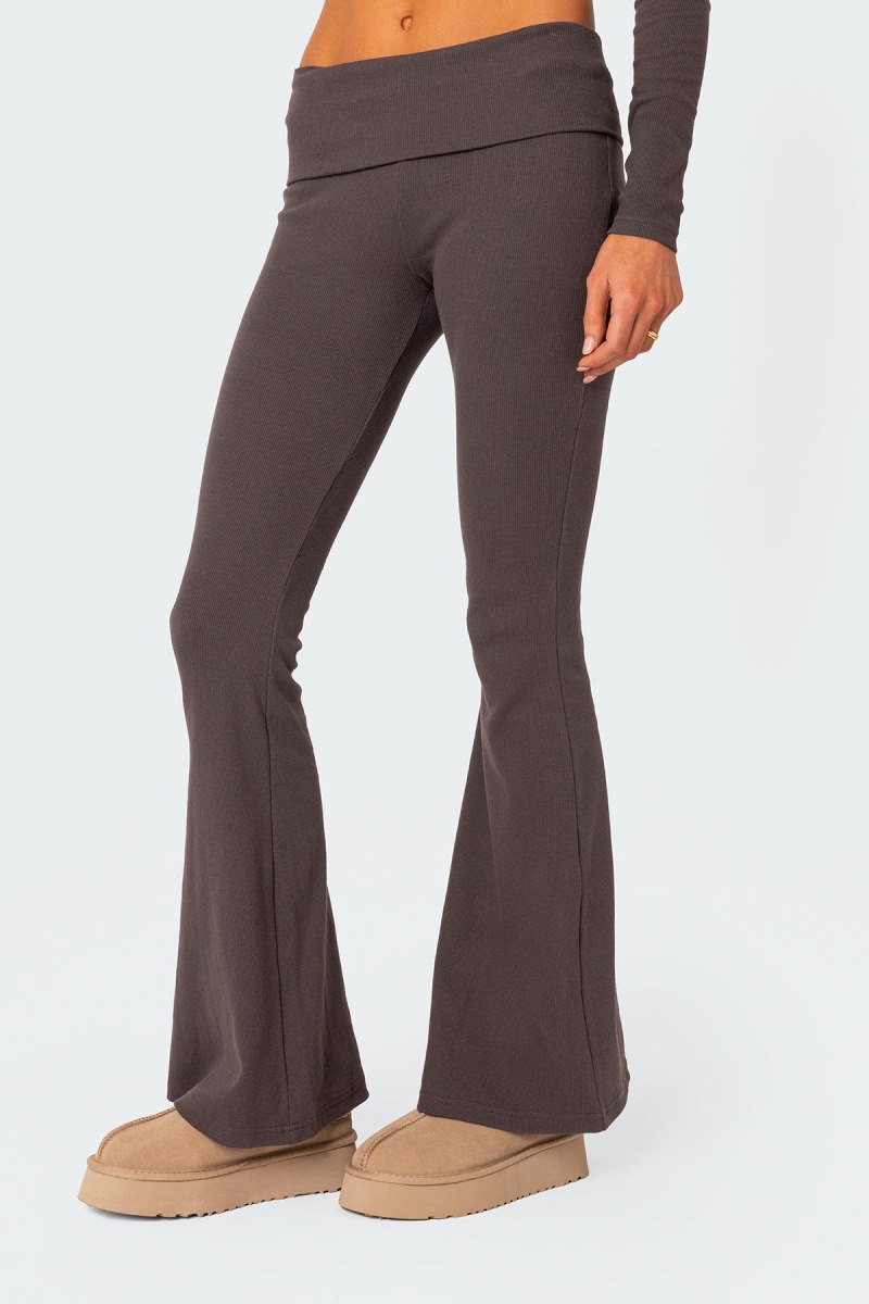Edikted Coffee Break Ribbed Flare Leggings Pants Dark Gray | USA GQ314201U5