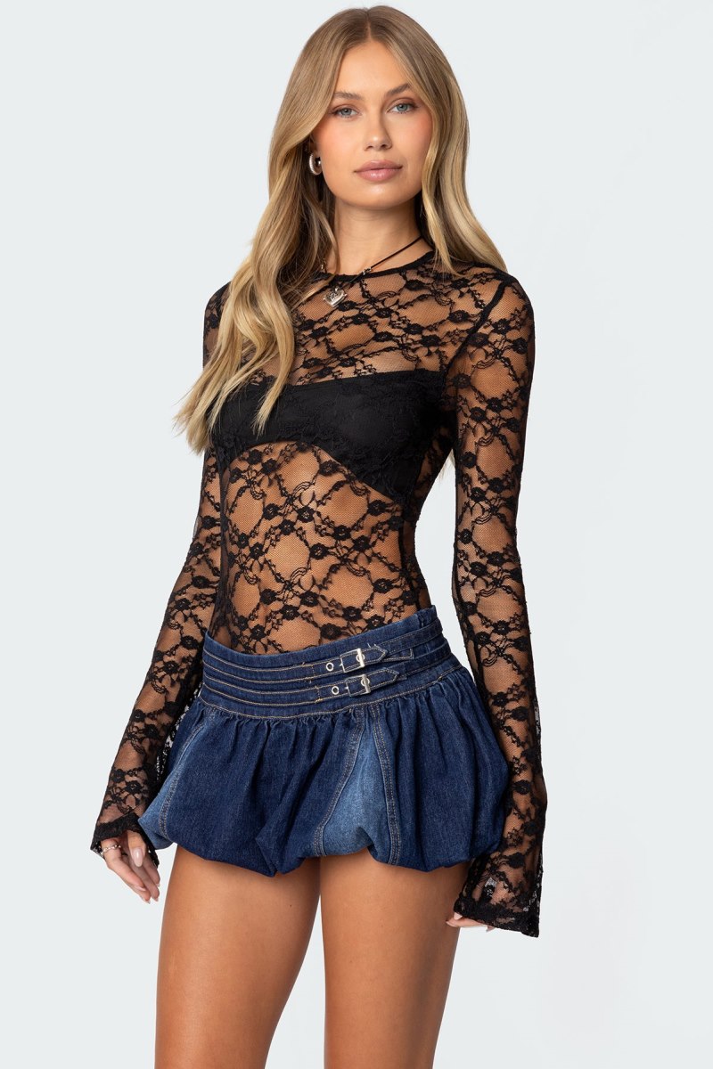 Edikted Colette Sheer Lace Bodysuit Black | USA JD448464Y5