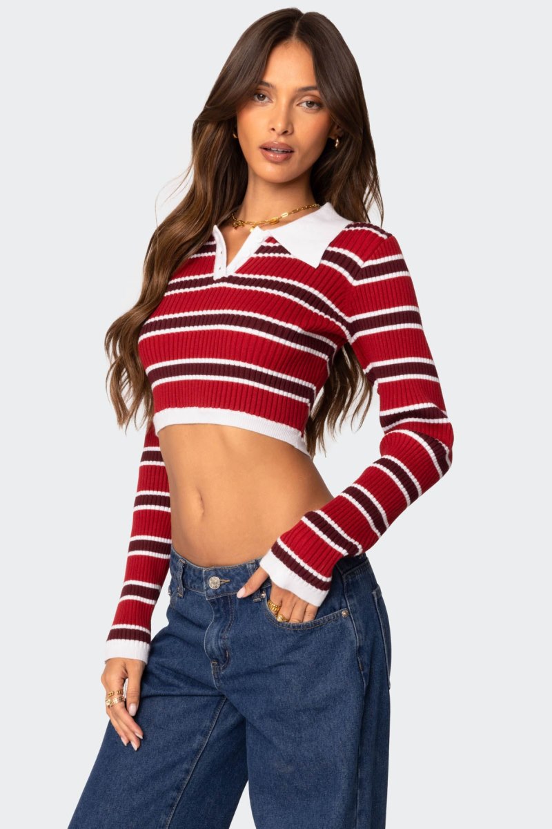 Edikted Collared Stripey Ribbed Crop Long Sleeve Tops Red | USA AA594429U2