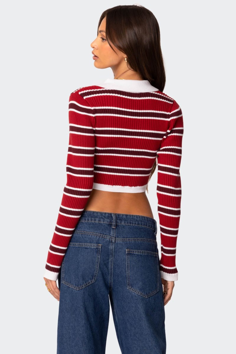 Edikted Collared Stripey Ribbed Crop Long Sleeve Tops Red | USA AA594429U2