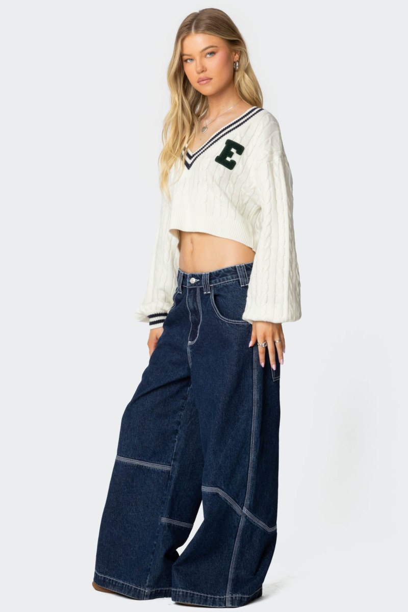 Edikted Collegiate Cropped Cable Knit Sweater Long Sleeve Tops Cream | USA UK656695X4
