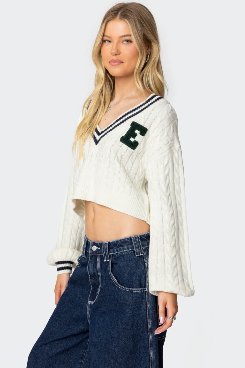 Edikted Collegiate Cropped Cable Knit Sweater Crop Tops Cream | USA KK575377T5