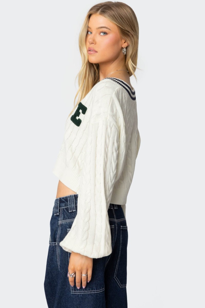 Edikted Collegiate Cropped Cable Knit Sweater Crop Tops Cream | USA KK575377T5