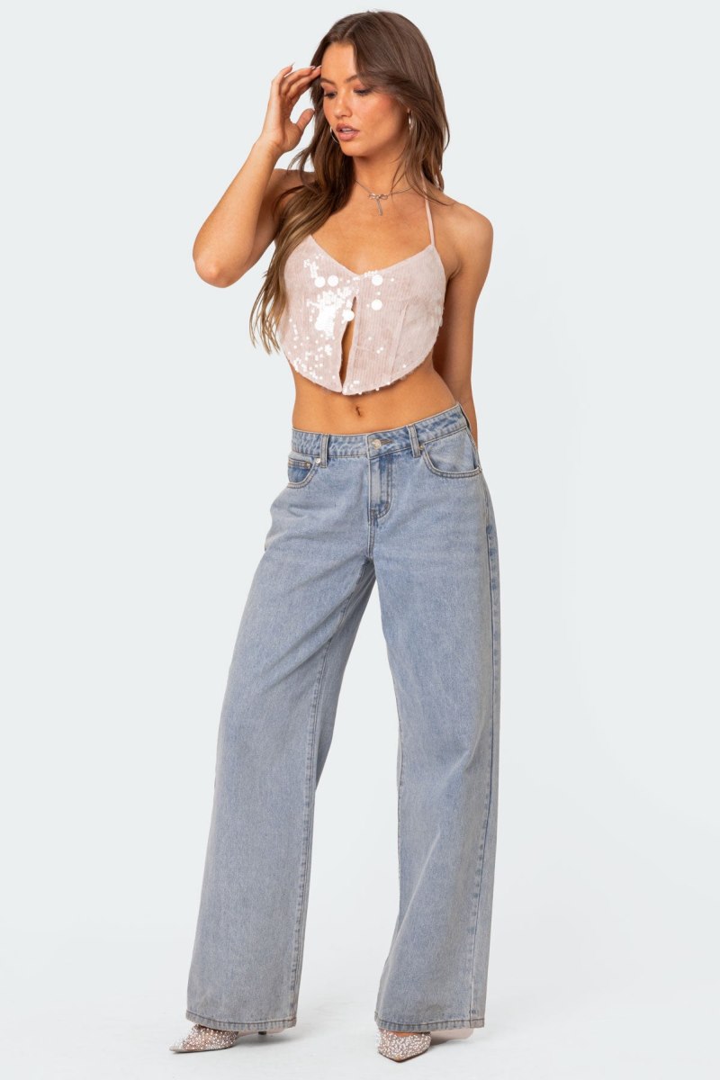 Edikted Confetti Sequin Open Back Crop Tops Light Pink | USA HW157825I4