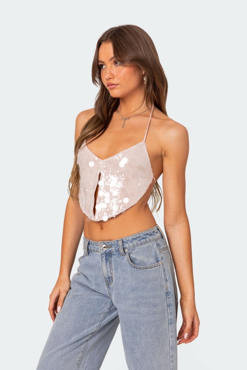 Edikted Confetti Sequin Open Back Crop Tops Light Pink | USA HW157825I4