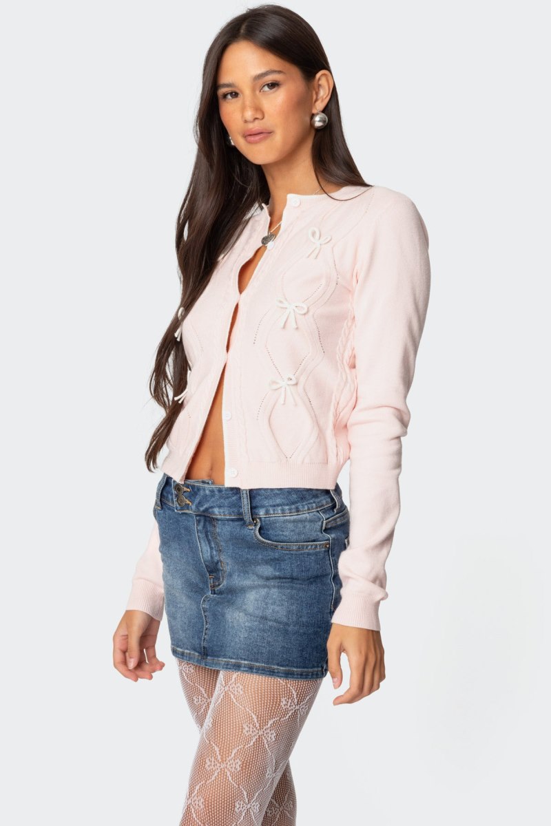 Edikted Contrast Bow Knit Cardigan Light Pink | USA ZM677587L8
