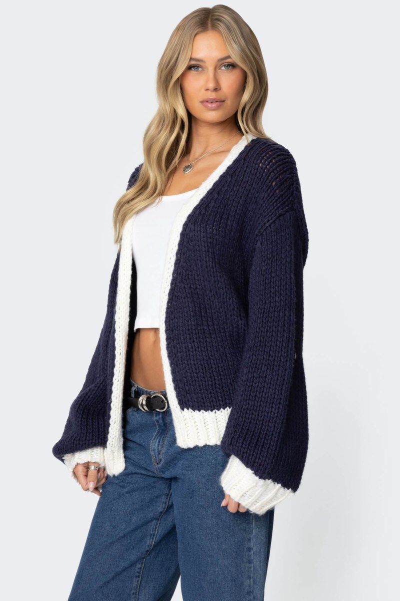 Edikted Contrast Chunky Knit Cardigan Long Sleeve Tops Navy | USA GJ143314R4