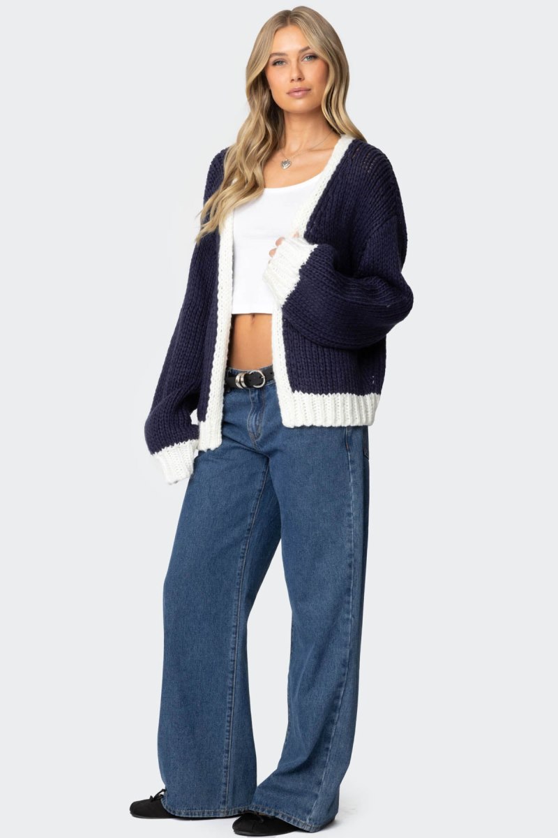 Edikted Contrast Chunky Knit Cardigan Long Sleeve Tops Navy | USA GJ143314R4