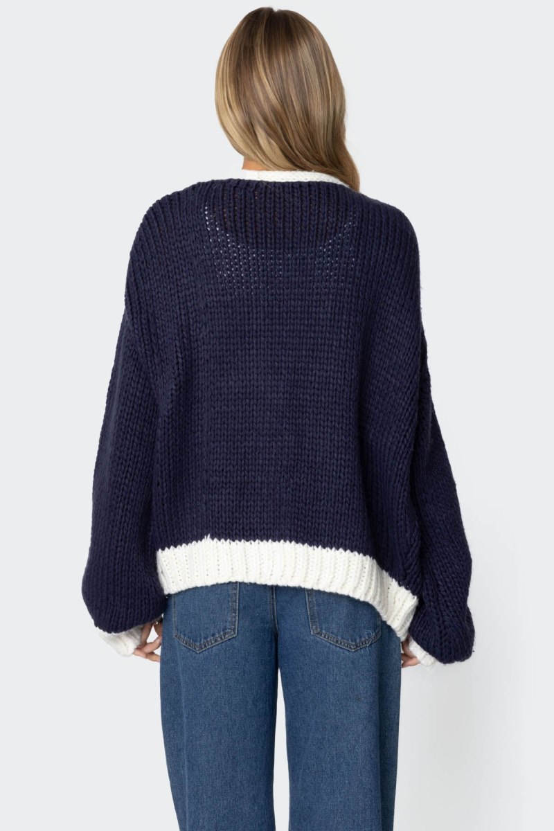 Edikted Contrast Chunky Knit Cardigan Long Sleeve Tops Navy | USA GJ143314R4