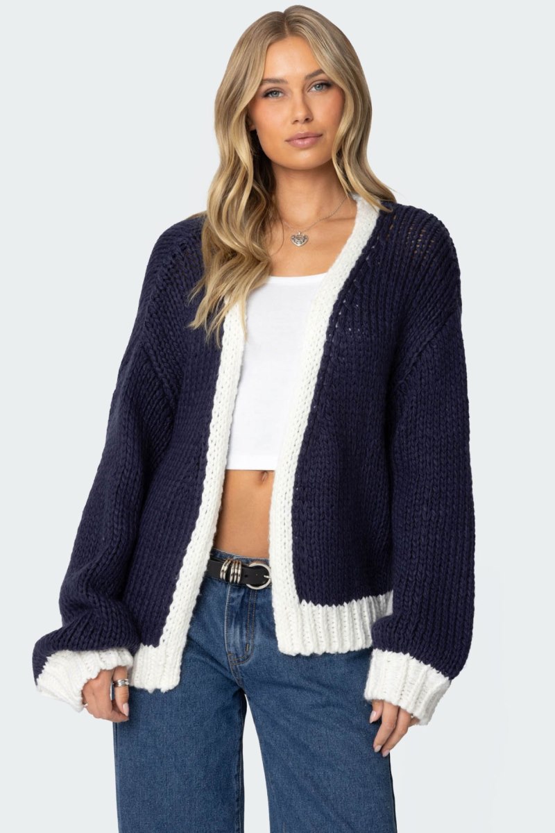 Edikted Contrast Chunky Knit Cardigan Long Sleeve Tops Navy | USA GJ143314R4